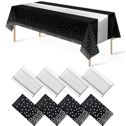 8Pack Disposable Plastic Tablecloths and Satin Table Runner Set White and Silver Dot Tablecloth Silver Satin Table Runner for Wedding Birthday Baby Shower Anniversary Christmas New Year Party Supplies