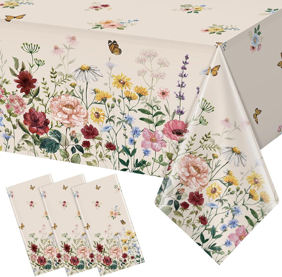 3 Pcs Spring Floral Tablecloth, Butterfly Wildflower Plastic Disposable Tablecloth Rectangle Table Covers for Easter, Birthday, Wedding, Mothers Day Tea Party Supplies and Decorations,54 x 108 Inch