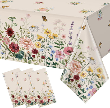 3 Pcs Spring Floral Tablecloth, Butterfly Wildflower Plastic Disposable Tablecloth Rectangle Table Covers for Easter, Birthday, Wedding, Mothers Day Tea Party Supplies and Decorations,54 x 108 Inch