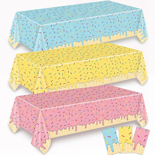 3-Piece 54 x 108 Inch Summer Dessert Plastic Tablecloth – Blue, Yellow, Pink Sprinkle Design, Disposable Rectangle Table Cover for Birthday, Pool Party, Indoor Outdoor Summer Decorations