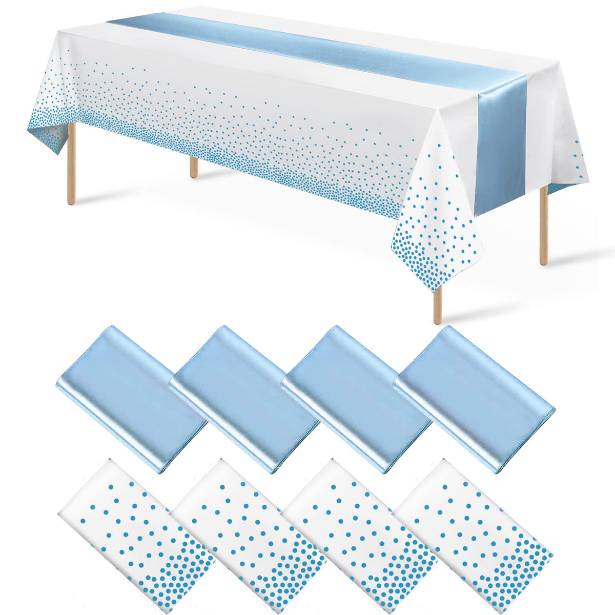 8Pack Disposable Plastic Tablecloths and Satin Table Runner Set White and Silver Dot Tablecloth Silver Satin Table Runner for Wedding Birthday Baby Shower Anniversary Christmas New Year Party Supplies