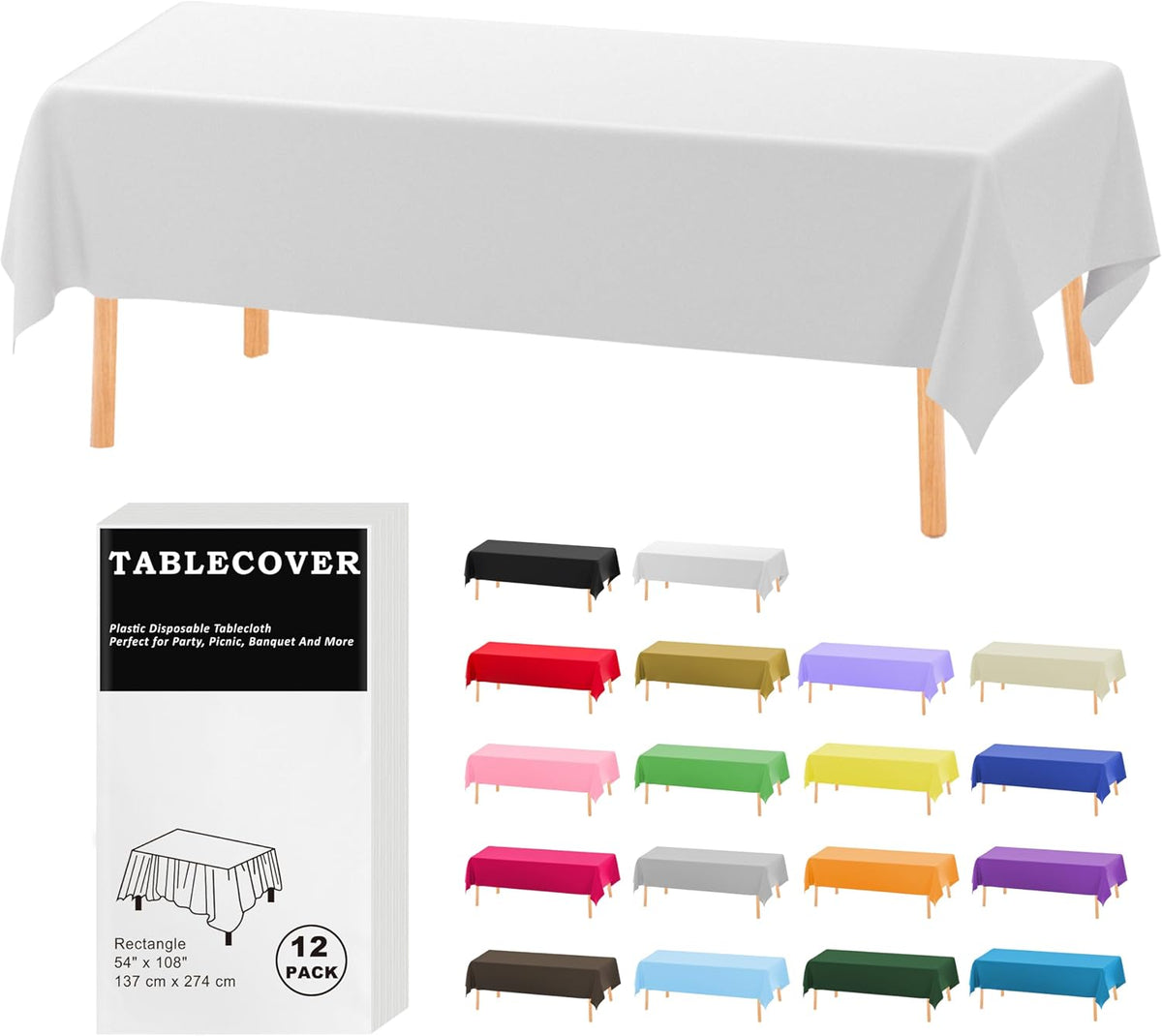 D&Z 12 Pack White Disposable Plastic Tablecloth 54"x108" Table Cover