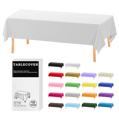D&Z 12 Pack White Disposable Plastic Tablecloth 54"x108" Table Cover