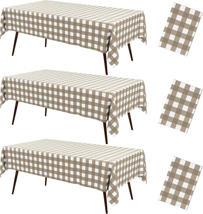 misaya 3 Packs Khaki White Buffalo Gingham Plastic Disposable Table Cloth