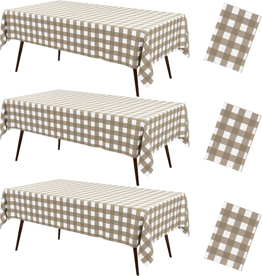 misaya 3 Packs Khaki White Buffalo Gingham Plastic Disposable Table Cloth