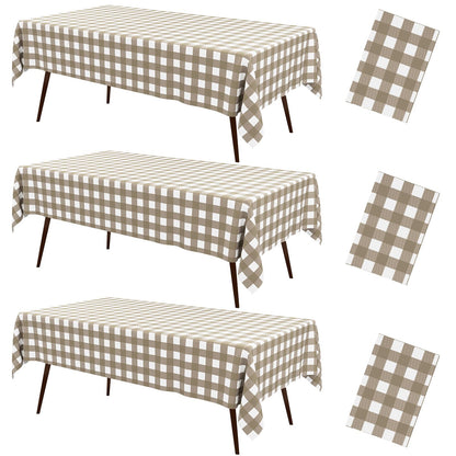misaya 3 Packs Khaki White Buffalo Gingham Plastic Disposable Table Cloth
