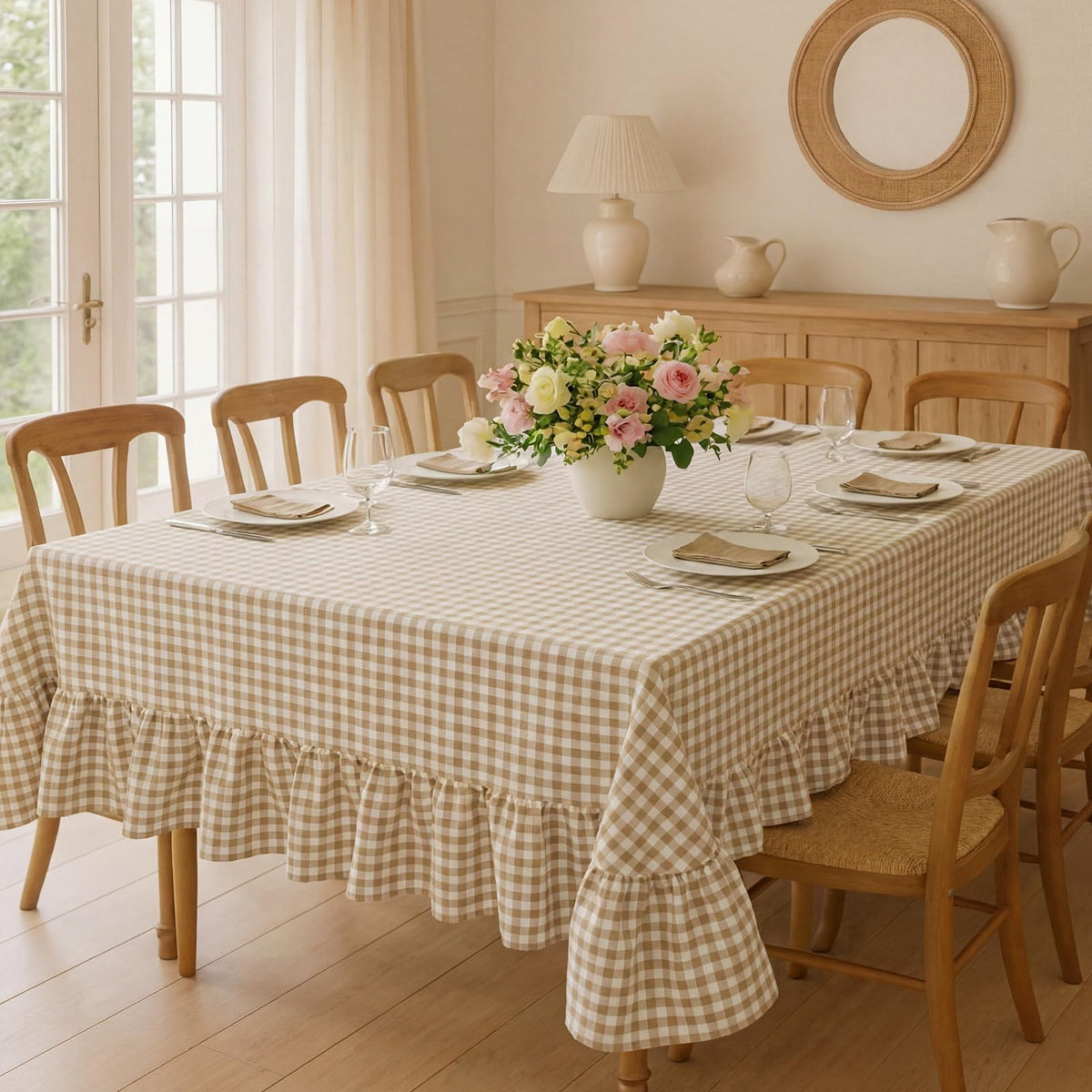 Mindsoft Light Pink Gingham Ruffled Tablecloth, 52 x 70 Inches, Rectangle
