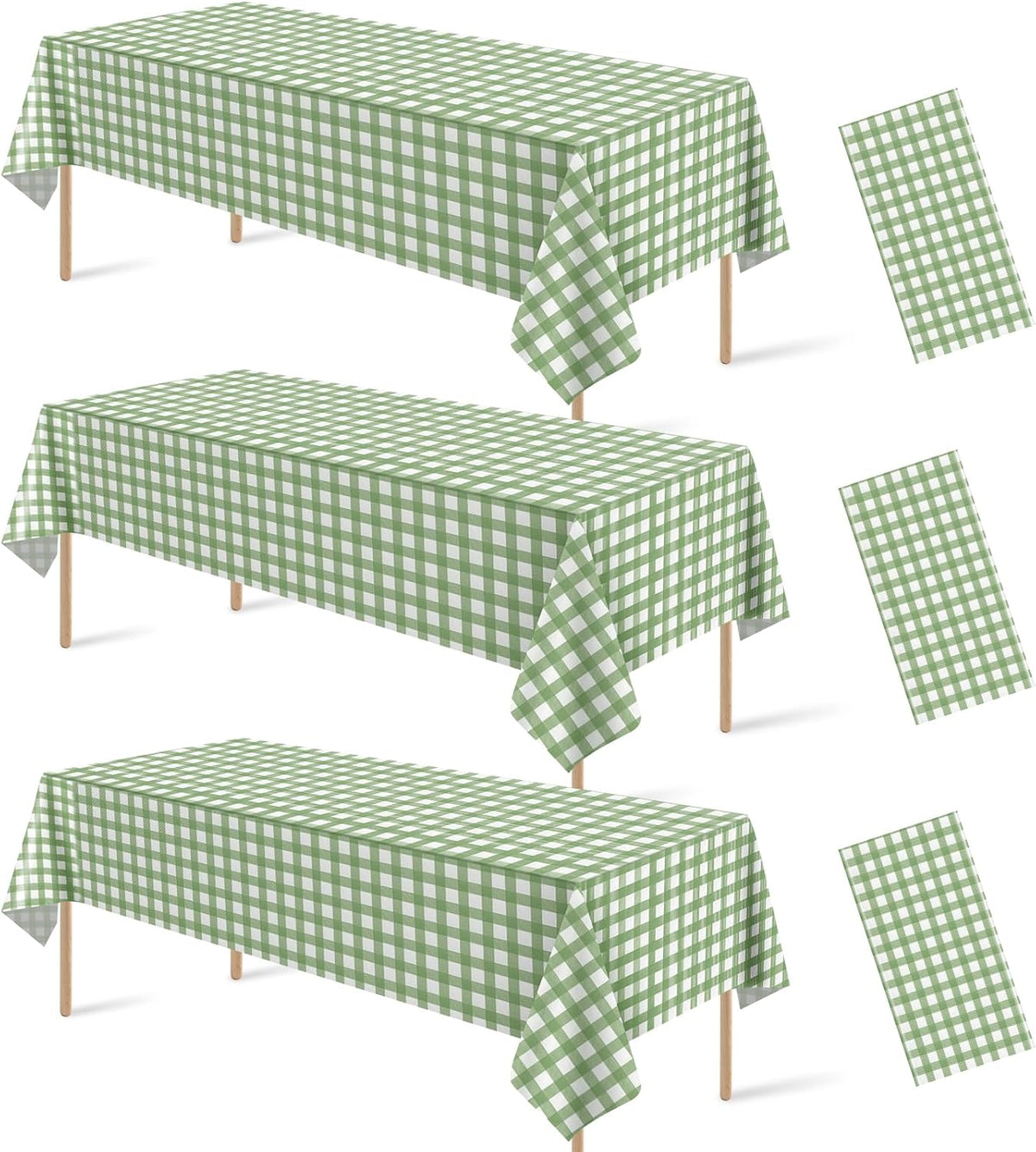 3 Pcs Sage Green Gingham Tablecloths, Checkered Table Covers 54 x 108 Inch