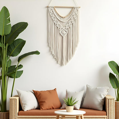 guzhiou Macrame Wall Hanging Boho Geometric Woven Tapestry Cotton Handmade Bohemian Art Decor with Wood Bead Wall Decor for Bedroom Living Room Apartment Nursery 31.5" L x 17" W(Wood bead-A)