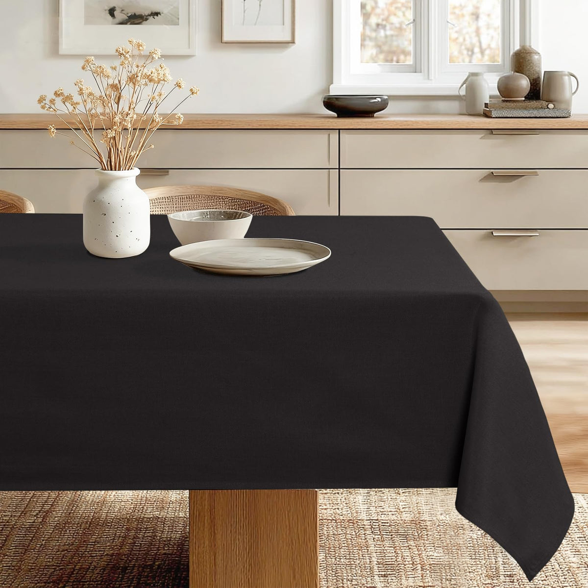 JIUZHEN Round Table Cloth Faux Linen Farmhouse Tablecloth Wrinkle and Stain Resistant Decorative Fabric Table Cover for Kitchen, Dining Room, Parties and Camping, Beige, 120 Inch Round