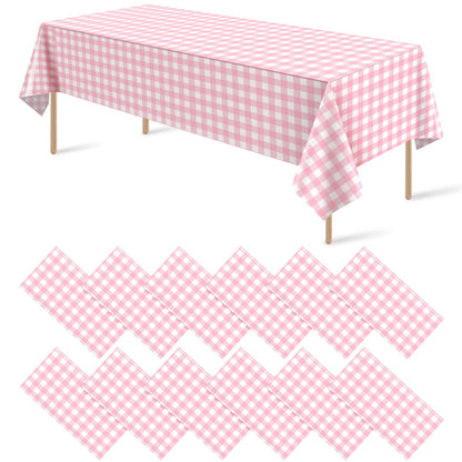 12 Pack Blue and White Plastic Checkered Tablecloth, Premium Decorative Disposable Blue Gingham Plaid Table Cloths for Parties, Rectangle Party Table Cover for Picnic Farm Birthday Wedding, 54x108Inch