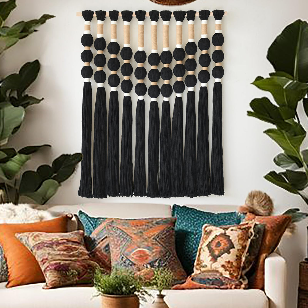 Macrame Wall Hanging Black Spherical Tassel Geometric Wall Art 15.7"W*39"L