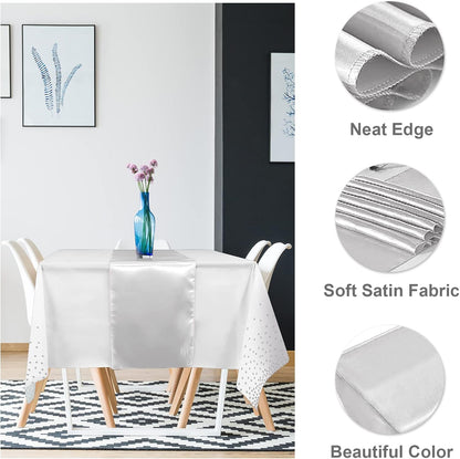 8Pack Disposable Plastic Tablecloths and Satin Table Runner Set White and Silver Dot Tablecloth Silver Satin Table Runner for Wedding Birthday Baby Shower Anniversary Christmas New Year Party Supplies