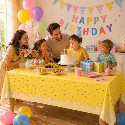 3-Piece 54 x 108 Inch Summer Dessert Plastic Tablecloth – Blue, Yellow, Pink Sprinkle Design, Disposable Rectangle Table Cover for Birthday, Pool Party, Indoor Outdoor Summer Decorations