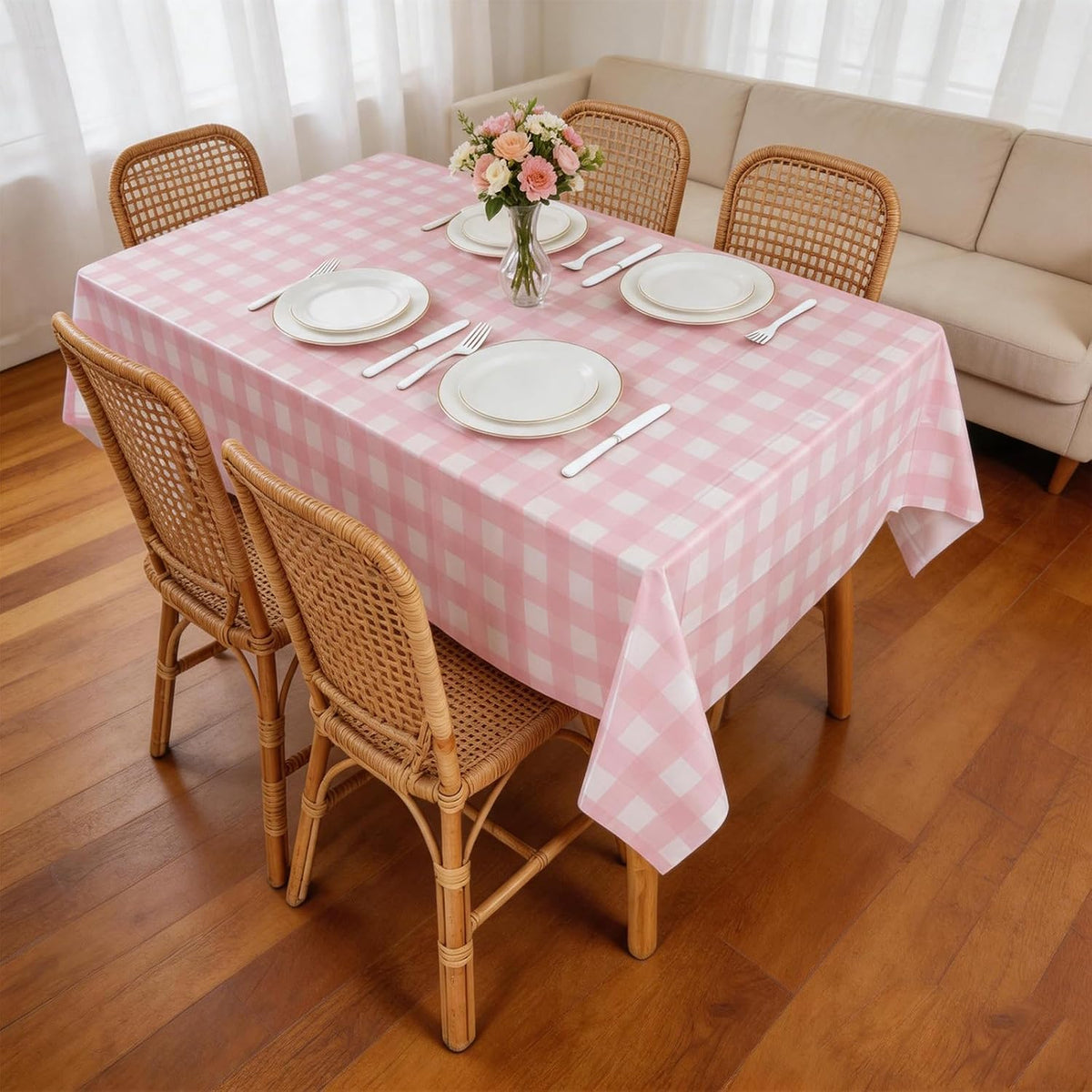 3 Packs Pink Gingham Tablecloth 54 x 108 Inches Pink and White Checkered Disposable Plastic Waterproof Picnic Table Cover for Camping and Birthday Party Supplies