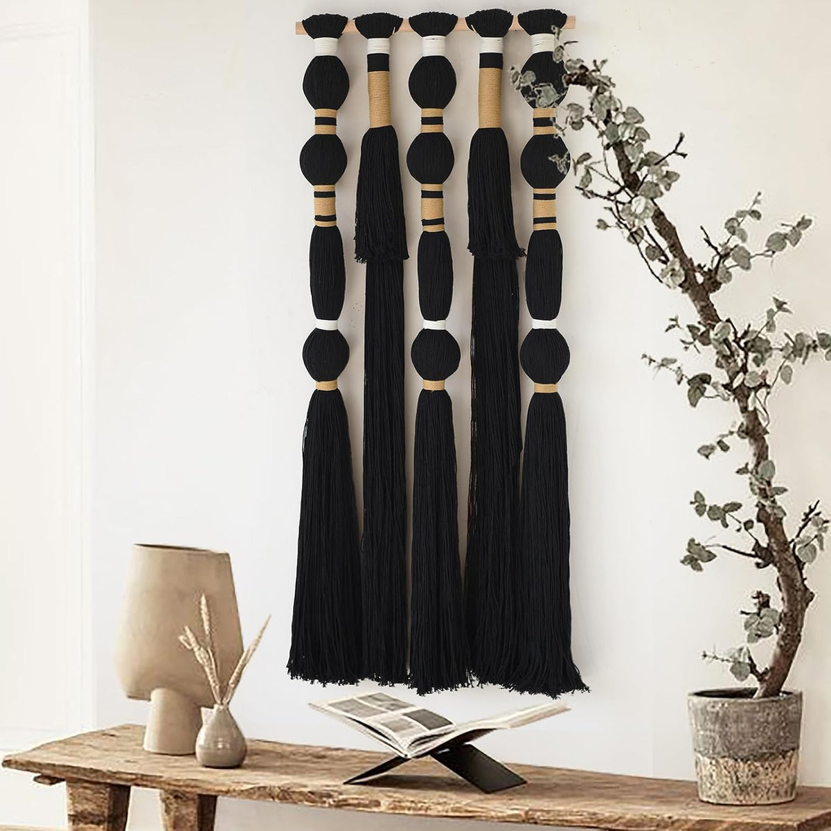 Macrame Wall Hanging Black Spherical Tassel Geometric Wall Art 15.7"W*39"L
