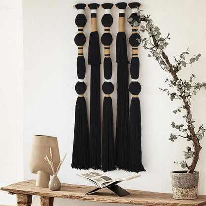 Macrame Wall Hanging Black Spherical Tassel Geometric Wall Art 15.7"W*39"L