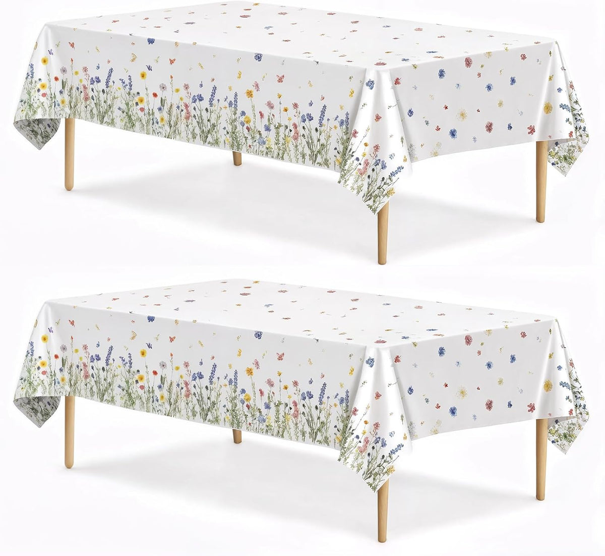 Spring Floral Party Tablecloth, 2 Pack Wildflower 54 x 108 Inch Tablecloth for Party Decorations, Butterfly Rectangular Table Cover, Disposable Plastic Table Cloth for Birthday and Celebration Event