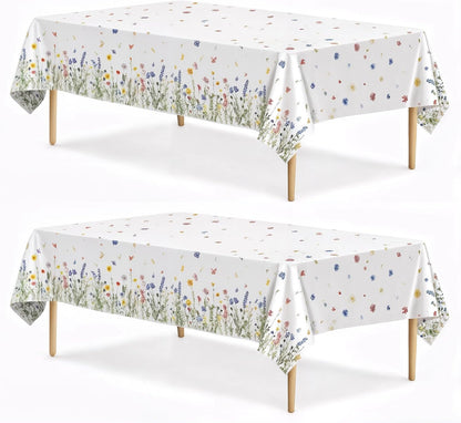 Spring Floral Party Tablecloth, 2 Pack Wildflower 54 x 108 Inch Tablecloth for Party Decorations, Butterfly Rectangular Table Cover, Disposable Plastic Table Cloth for Birthday and Celebration Event