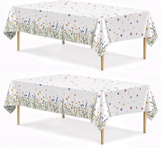Spring Floral Party Tablecloth, 2 Pack Wildflower 54 x 108 Inch Tablecloth for Party Decorations, Butterfly Rectangular Table Cover, Disposable Plastic Table Cloth for Birthday and Celebration Event
