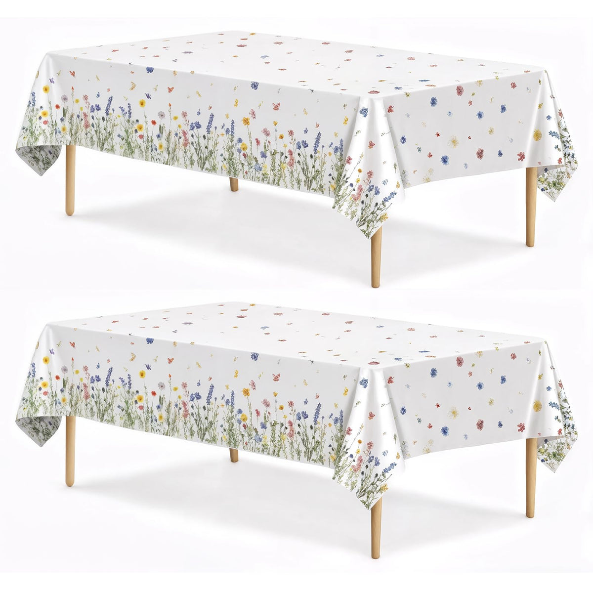 Spring Floral Party Tablecloth, 2 Pack Wildflower 54 x 108 Inch Tablecloth for Party Decorations, Butterfly Rectangular Table Cover, Disposable Plastic Table Cloth for Birthday and Celebration Event
