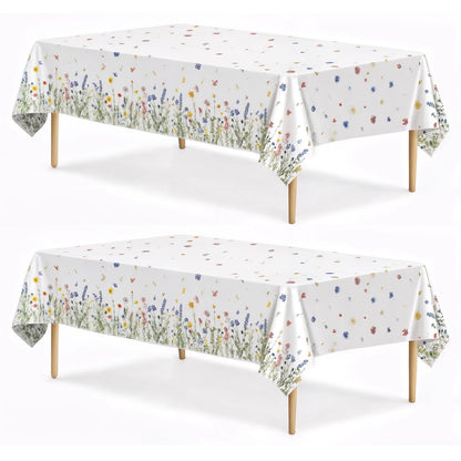 Spring Floral Party Tablecloth, 2 Pack Wildflower 54 x 108 Inch Tablecloth for Party Decorations, Butterfly Rectangular Table Cover, Disposable Plastic Table Cloth for Birthday and Celebration Event
