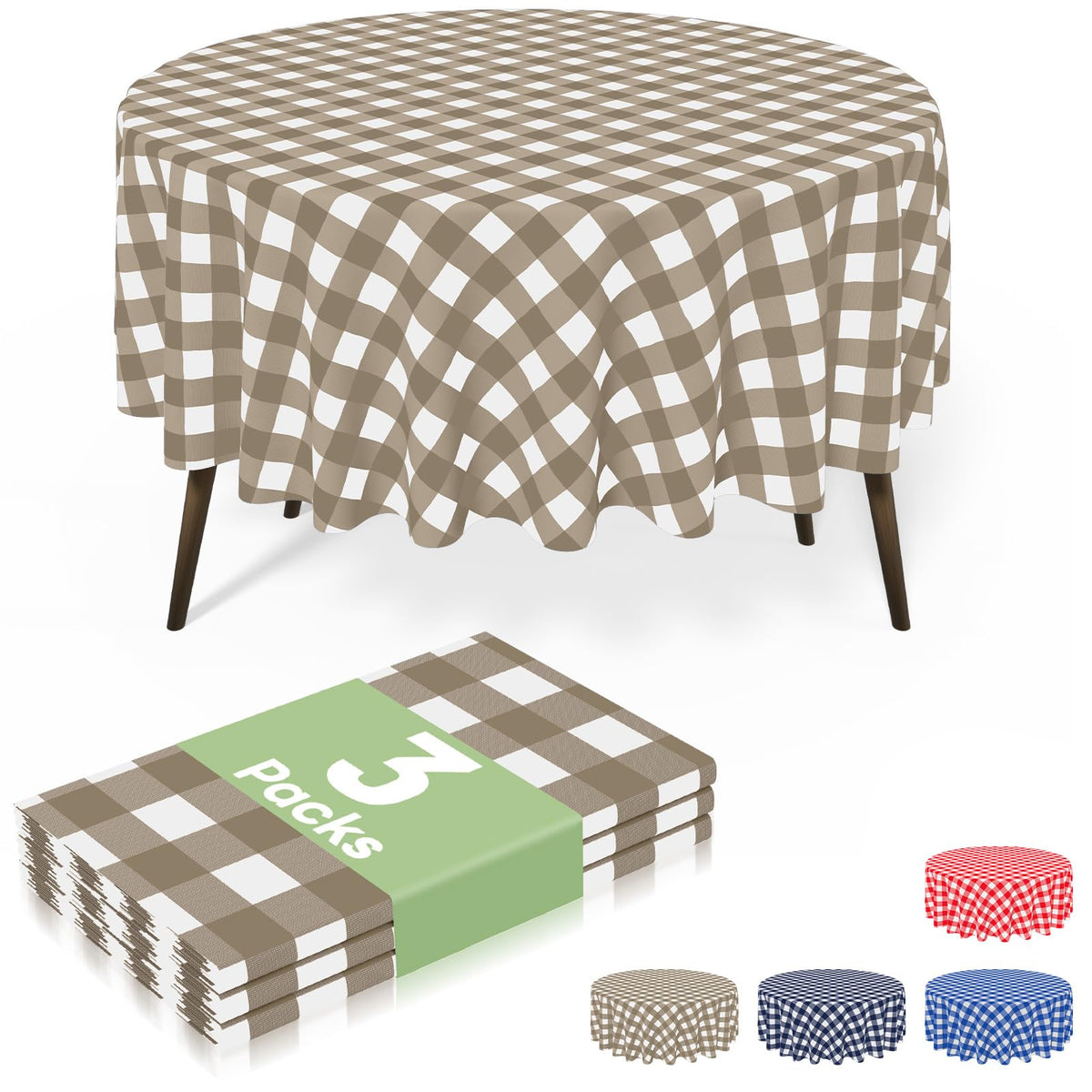 misaya 3 Packs Khaki White Buffalo Gingham Plastic Disposable Table Cloth