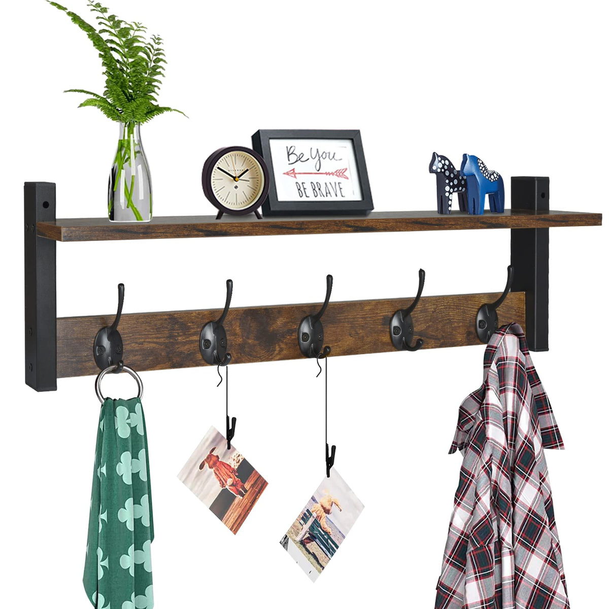 Homode Wall Hooks with Shelf, Wood Coat Rack with Shelf Wall-Mounted, Entryway Hanging Shelves with 5 Metal Hooks for Clothes Hats Towel Purse Robes, Bathroom Mudroom Bedroom, Rustic Brown Black