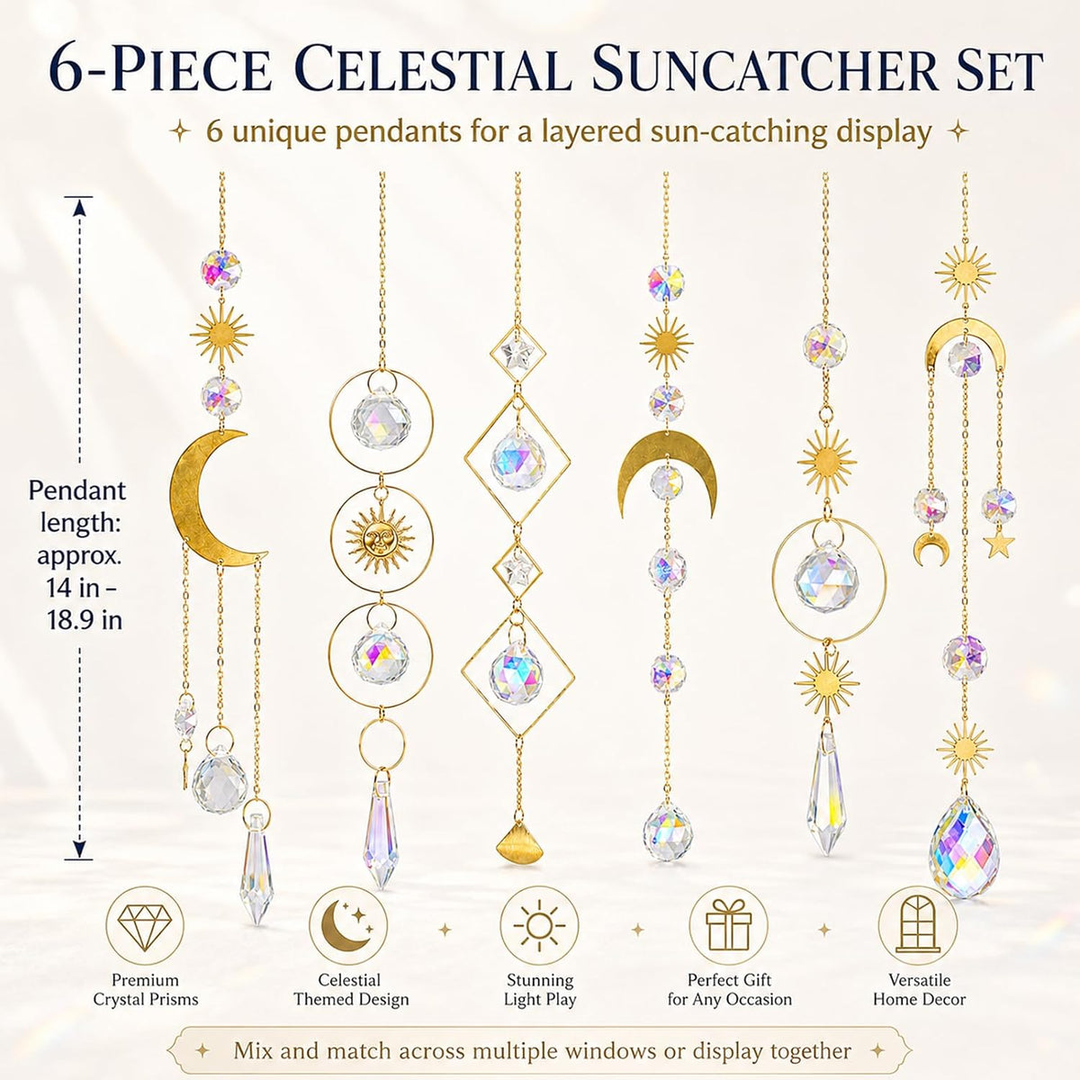 6Pieces Colorful Crystals Suncatcher Hanging Sun Catcher with Chain