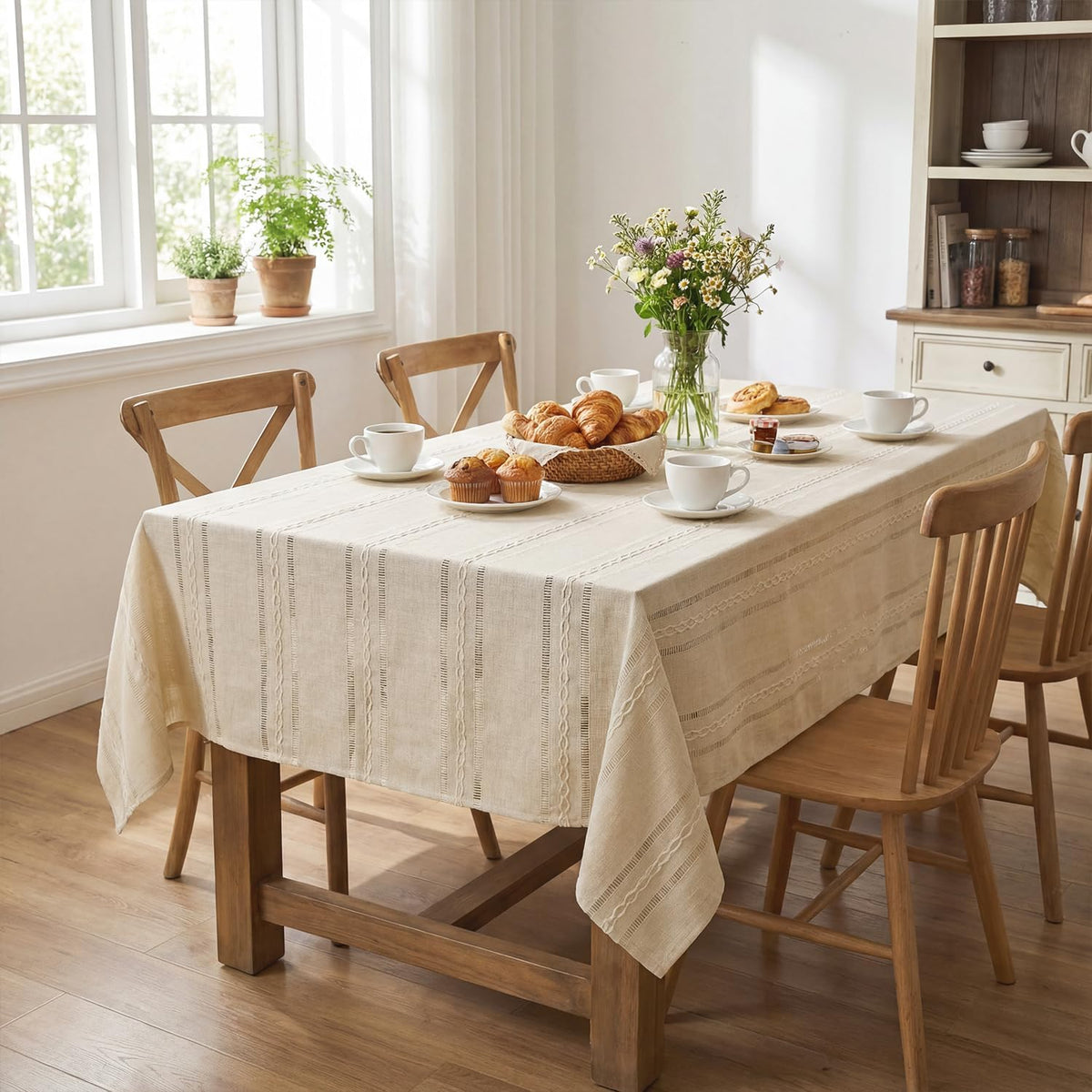 Horaldaily Beige Rectangular Tablecloth, 60×84 Inch, Farmhouse Decor