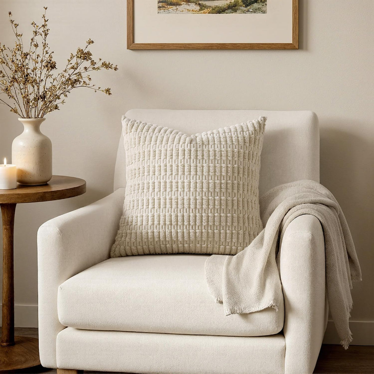 MIULEE Corduroy Decorative Throw Pillow Covers 18x18 Cream White Pack of 2