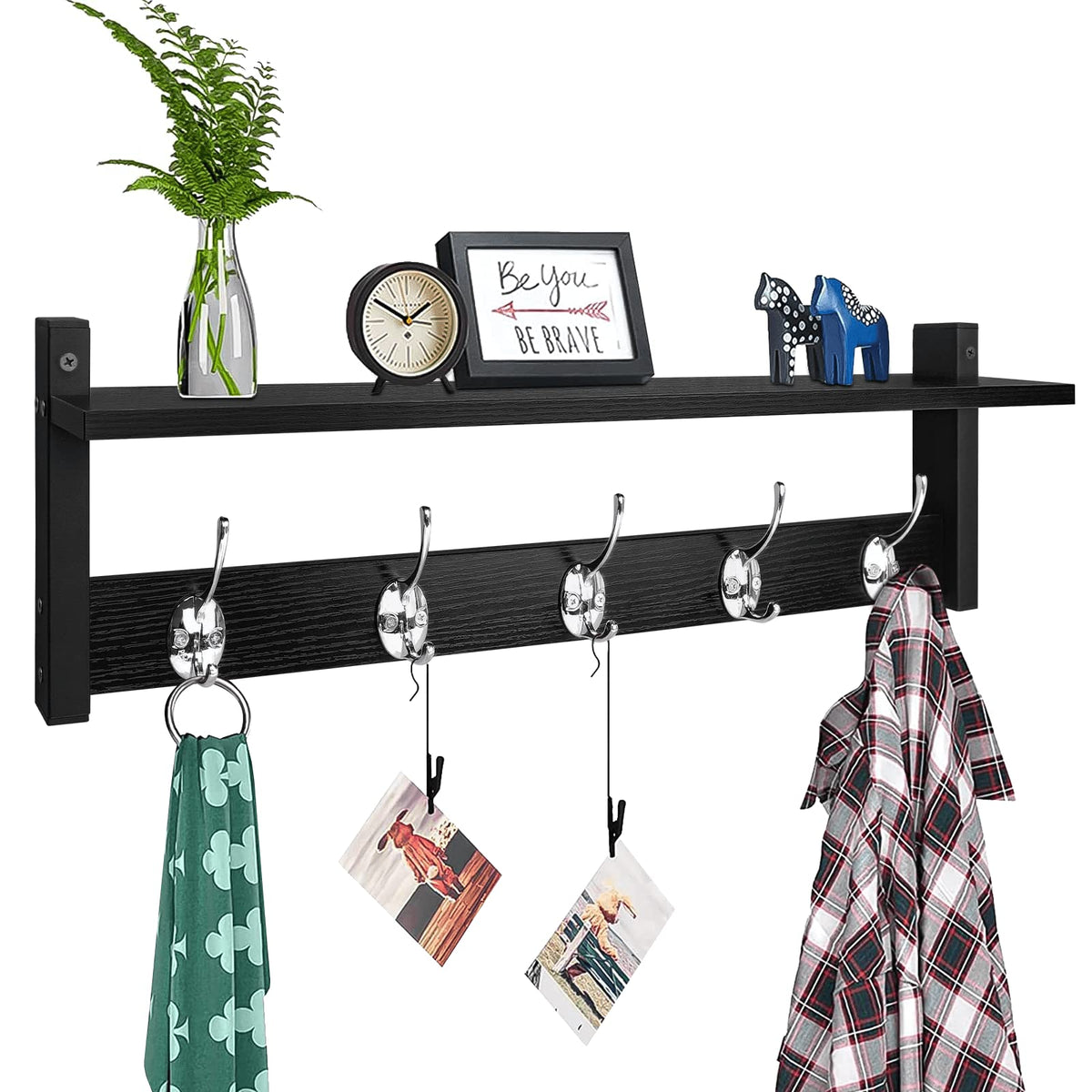 Homode Wall Hooks with Shelf, Wood Coat Rack with Shelf Wall-Mounted, Entryway Hanging Shelves with 5 Metal Hooks for Clothes Hats Towel Purse Robes, Bathroom Mudroom Bedroom, Rustic Brown Black