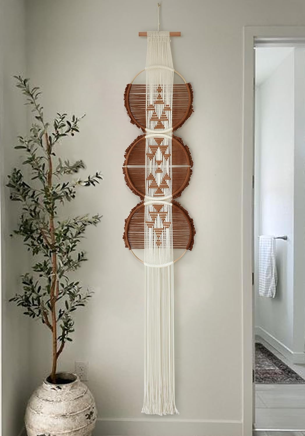 Macrame Wall Hanging Round Brown Handmade Wall Art Boho Decor 11.8"W*65"L