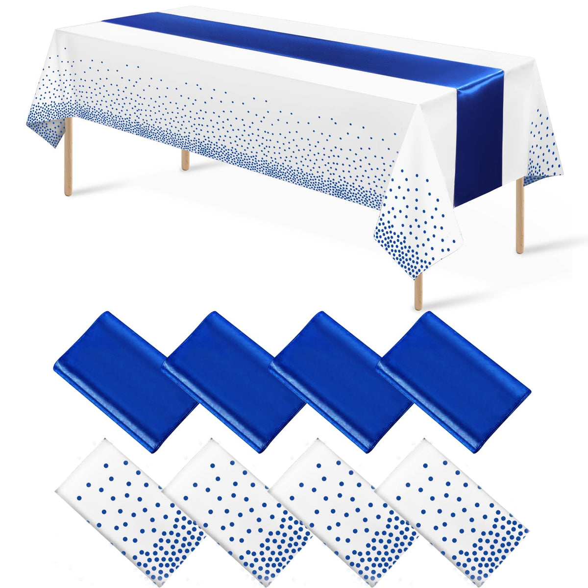 8Pack Disposable Plastic Tablecloths and Satin Table Runner Set White and Silver Dot Tablecloth Silver Satin Table Runner for Wedding Birthday Baby Shower Anniversary Christmas New Year Party Supplies