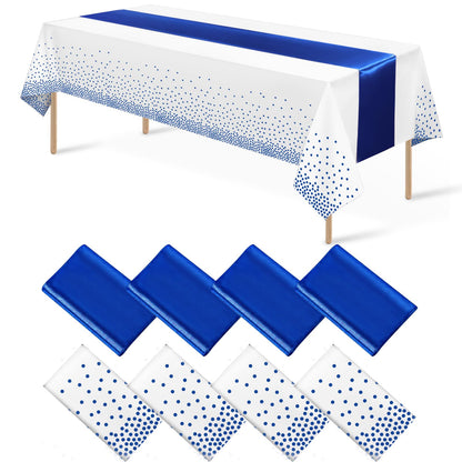 8Pack Disposable Plastic Tablecloths and Satin Table Runner Set White and Silver Dot Tablecloth Silver Satin Table Runner for Wedding Birthday Baby Shower Anniversary Christmas New Year Party Supplies