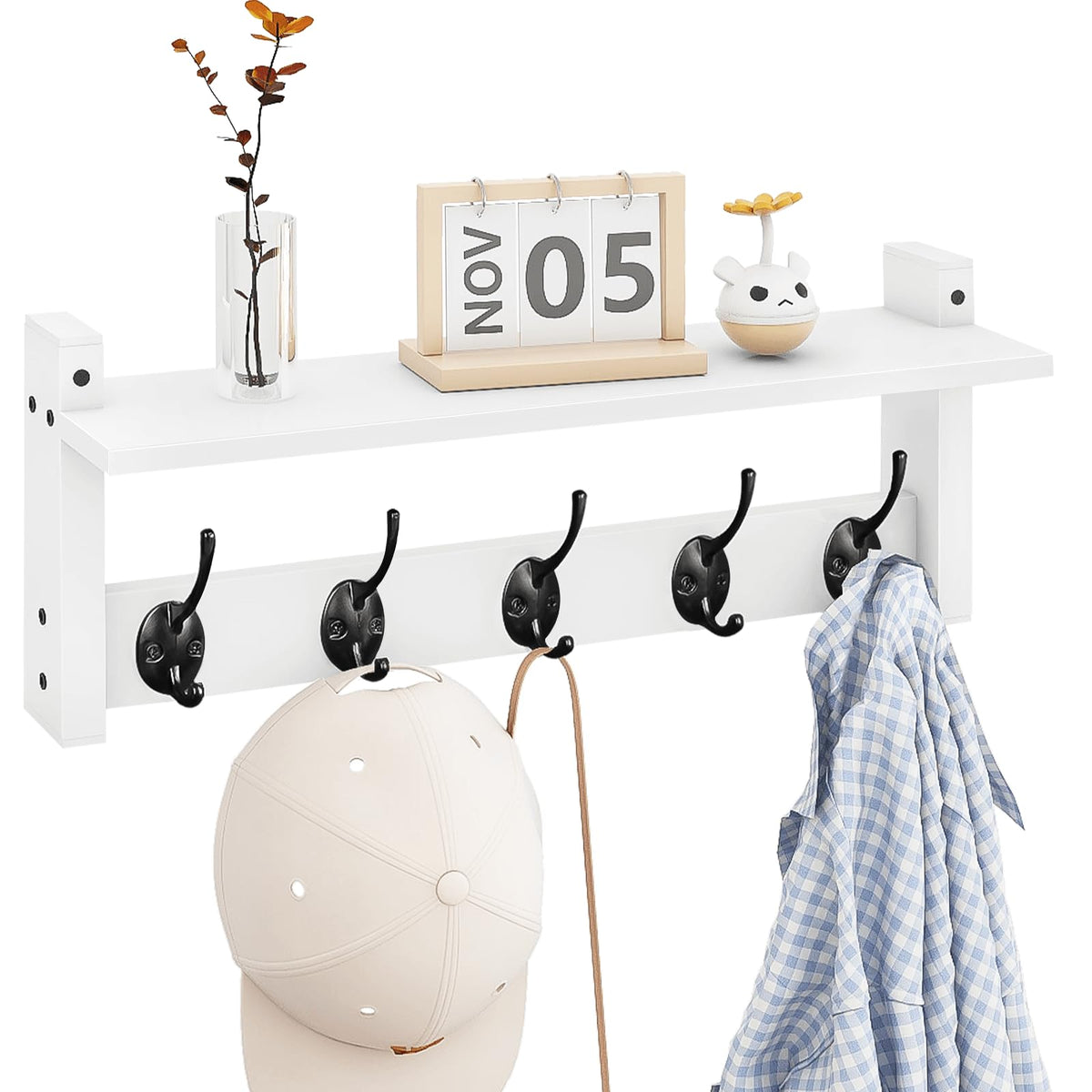Homode Wall Hooks with Shelf, Wood Coat Rack with Shelf Wall-Mounted, Entryway Hanging Shelves with 5 Metal Hooks for Clothes Hats Towel Purse Robes, Bathroom Mudroom Bedroom, Rustic Brown Black