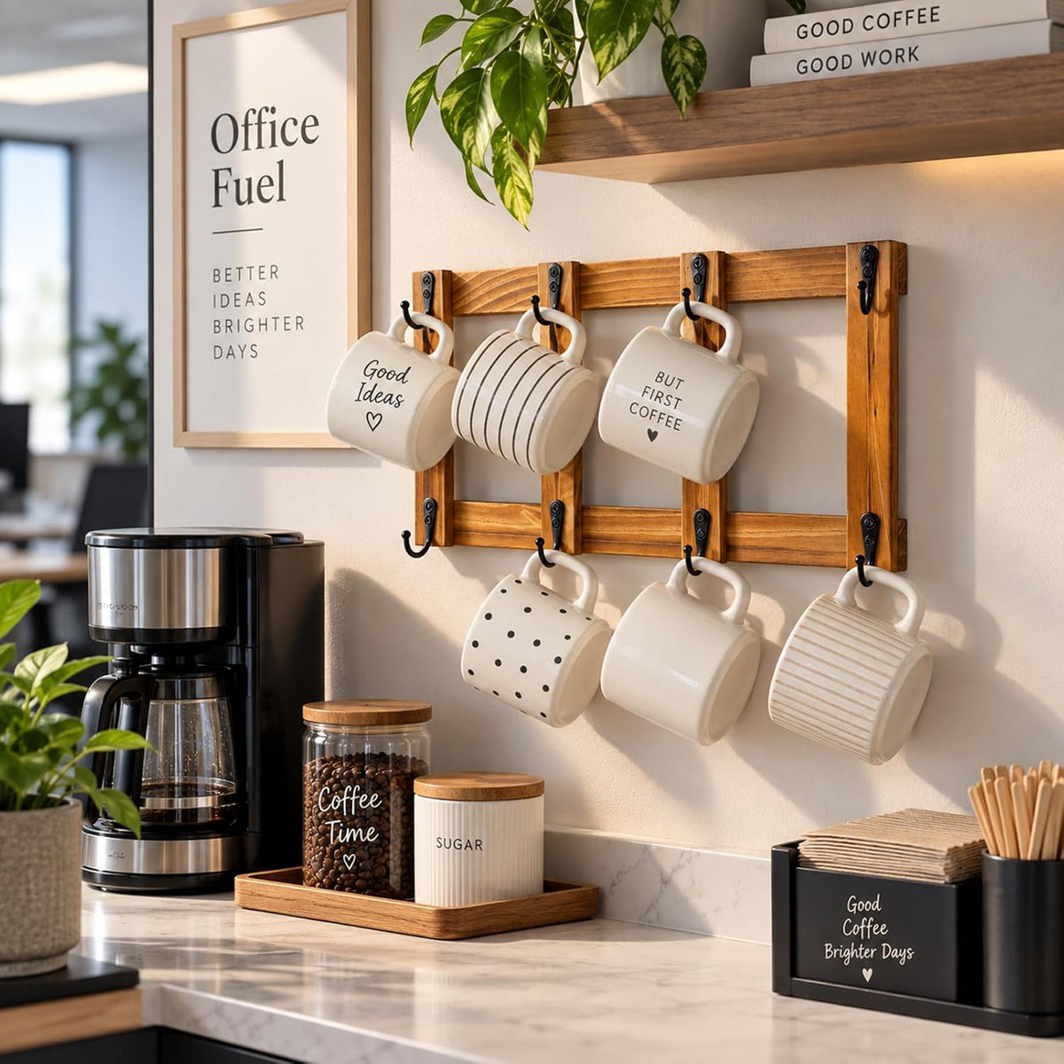 Yohsnor Wooden Coffee Mug Wall Rack-Durable Mug Holder Wall with 8 Hooks