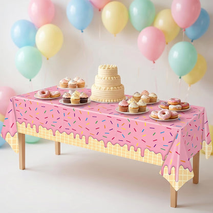 3-Piece 54 x 108 Inch Summer Dessert Plastic Tablecloth – Blue, Yellow, Pink Sprinkle Design, Disposable Rectangle Table Cover for Birthday, Pool Party, Indoor Outdoor Summer Decorations