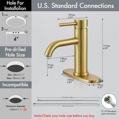 Brushed Gold Bathroom Faucet, Single Hole Bathroom Sink Faucet