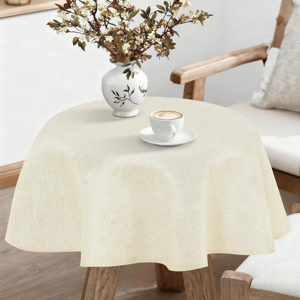 JIUZHEN Round Table Cloth Faux Linen Farmhouse Tablecloth Wrinkle and Stain Resistant Decorative Fabric Table Cover for Kitchen, Dining Room, Parties and Camping, Beige, 120 Inch Round