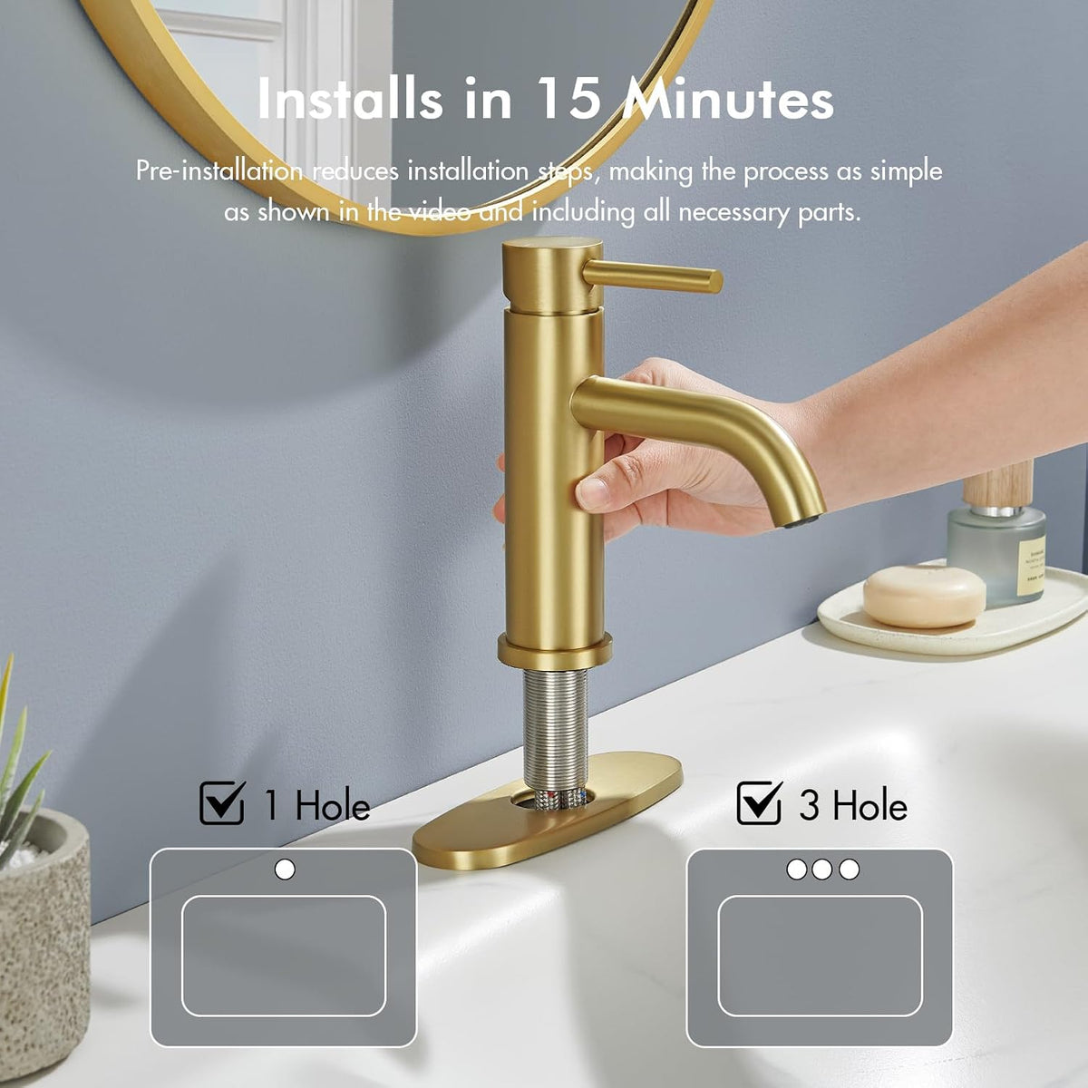 Brushed Gold Bathroom Faucet, Single Hole Bathroom Sink Faucet