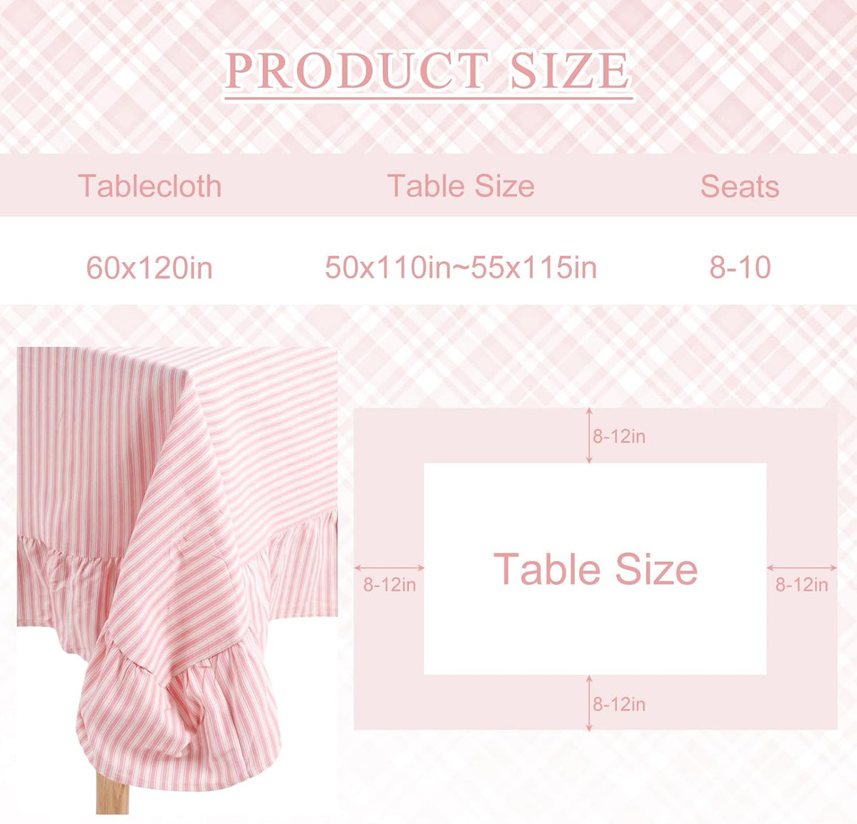 Moukeren 60 x 120 in Farmhouse Ruffle Striped Tablecloth, Pink, Striped