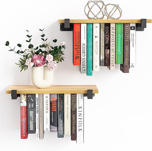 NANATI 2 Set of Floating Bookshelf, Pine Wood Invisible Bookshelf, Hanging Bookshelves for Wall, Unique Space Saving Wall Bookcase (16.5L×8.7W×1.5H)