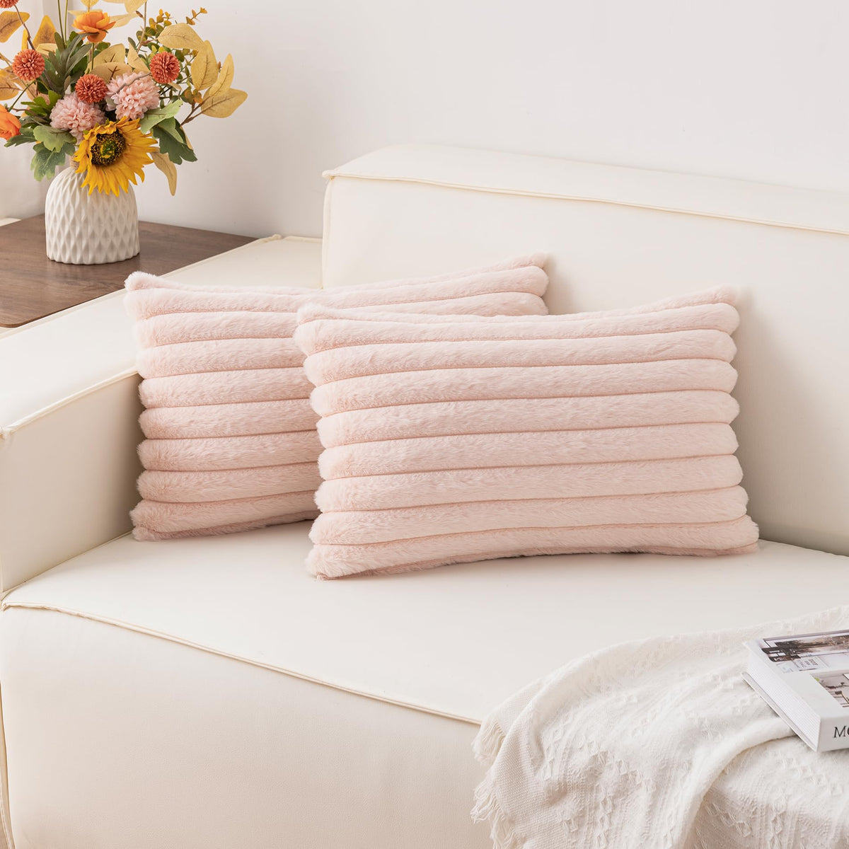 Pack of 2 Faux Fur Christmas Throw Pillow Covers 18x18 Inch, Cream White