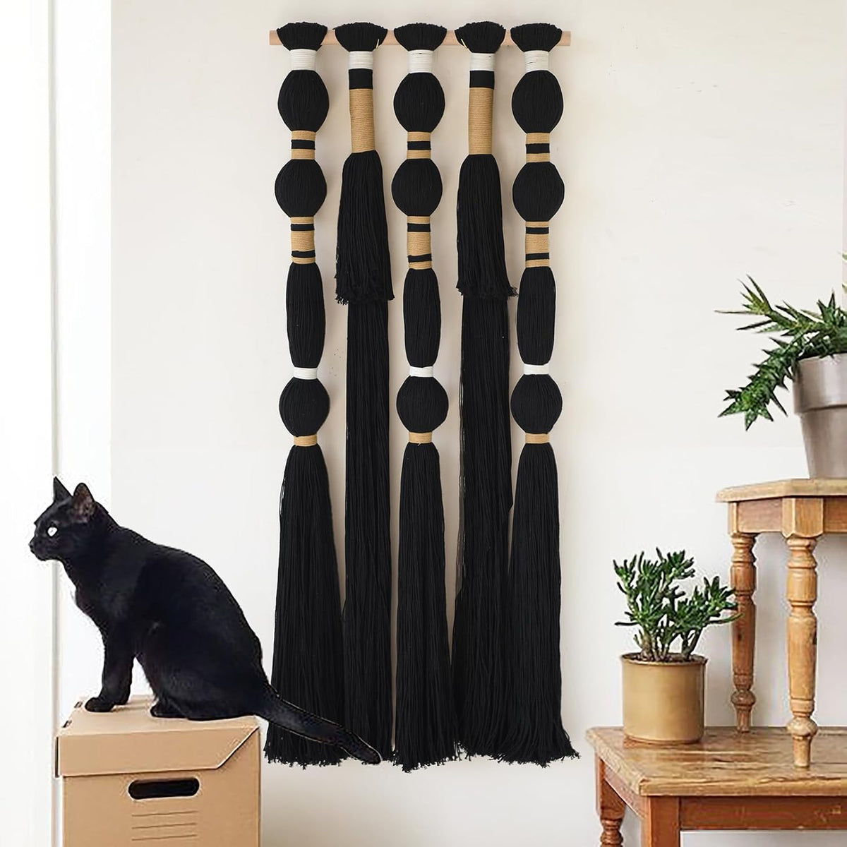 Macrame Wall Hanging Black Spherical Tassel Geometric Wall Art 15.7"W*39"L