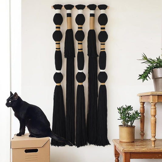 Macrame Wall Hanging Black Spherical Tassel Geometric Wall Art 15.7"W*39"L