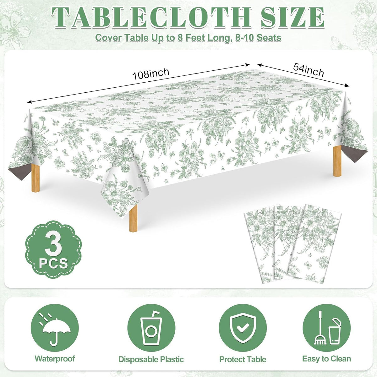 NatNarr 3 Pack Sage Green Floral Plastic Tablecloths, Tea Party Tablecloth