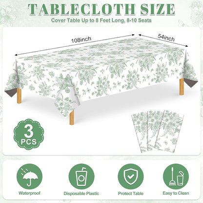 NatNarr 3 Pack Sage Green Floral Plastic Tablecloths, Tea Party Tablecloth