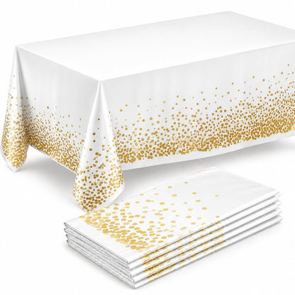 Prestee 12-Pack White and Gold Tablecloth - 54x108 Inch - Disposable Table Covers for Party, Weddings, and Holidays - Waterproof Christmas Tablecloth, Stain-Resistant Plastic Table Cover Set