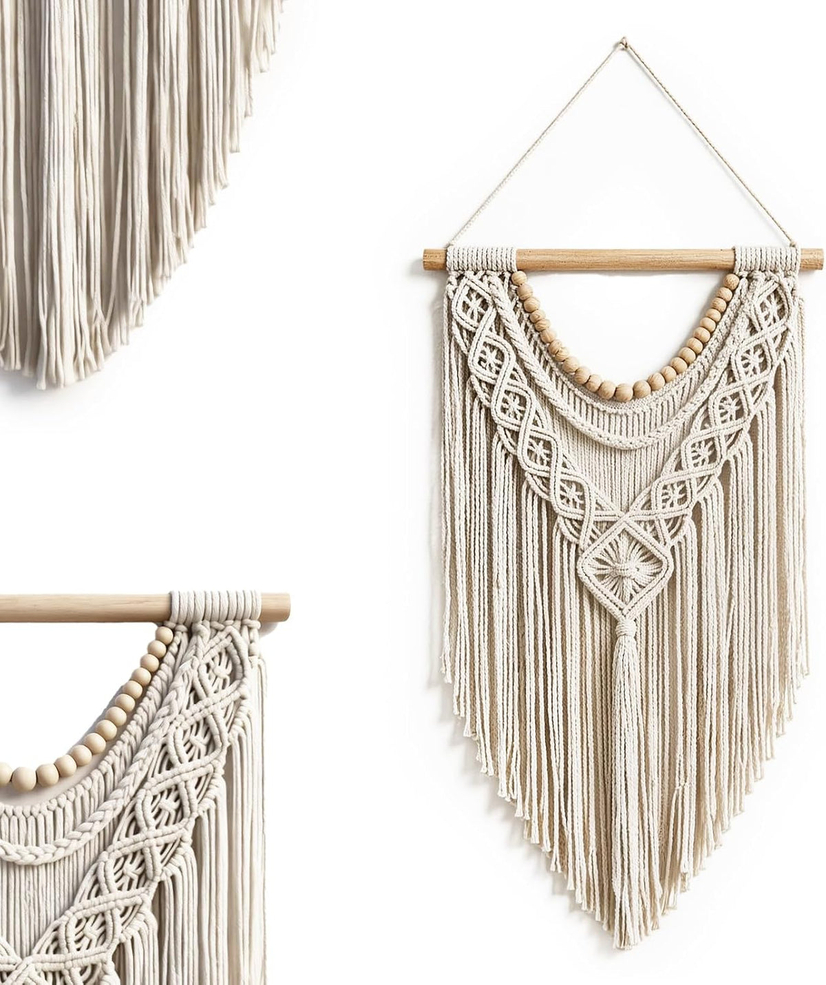 31.5×15 Inch Boho Macrame Wall Hanging, Handwoven Tapestry with Wooden Beads, Boho Home Decor